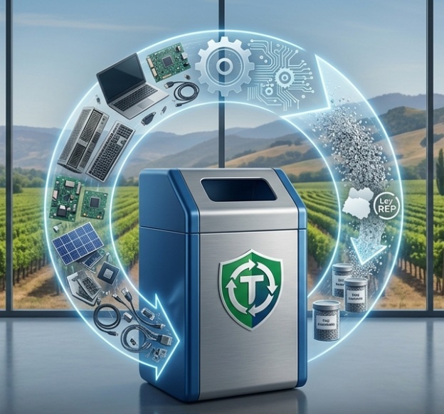 Contenedores modernos de reciclaje corporativo para residuos electrónicos en un entorno de oficina sustentable